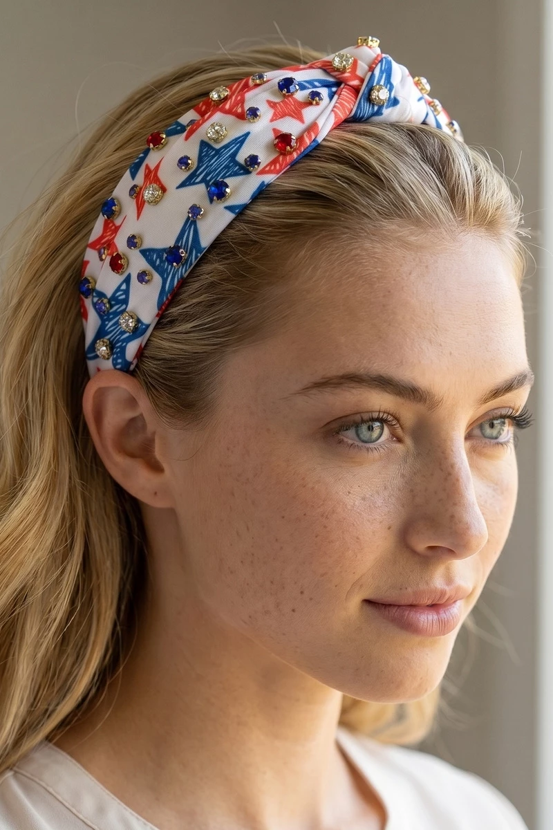 Patriotic Rhinestone Knotted Top Knot Headband