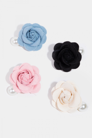 4Pc Fabric Flower And Pearl Charm Hair Clip Set