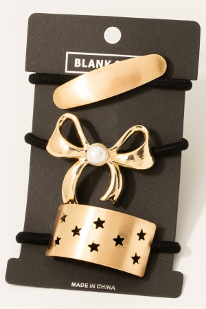 Pearl Stud Ribbon Bow Bar And Stars Hair Tie Set