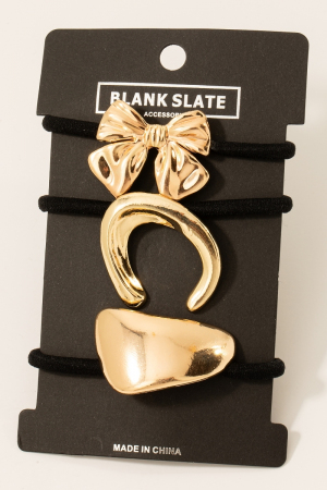 Metallic Ribbon Bow And Shapes Hair Tie Set