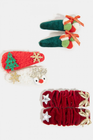 Assorted 6Pc Fabric Festive Christmas Hair Clip Set