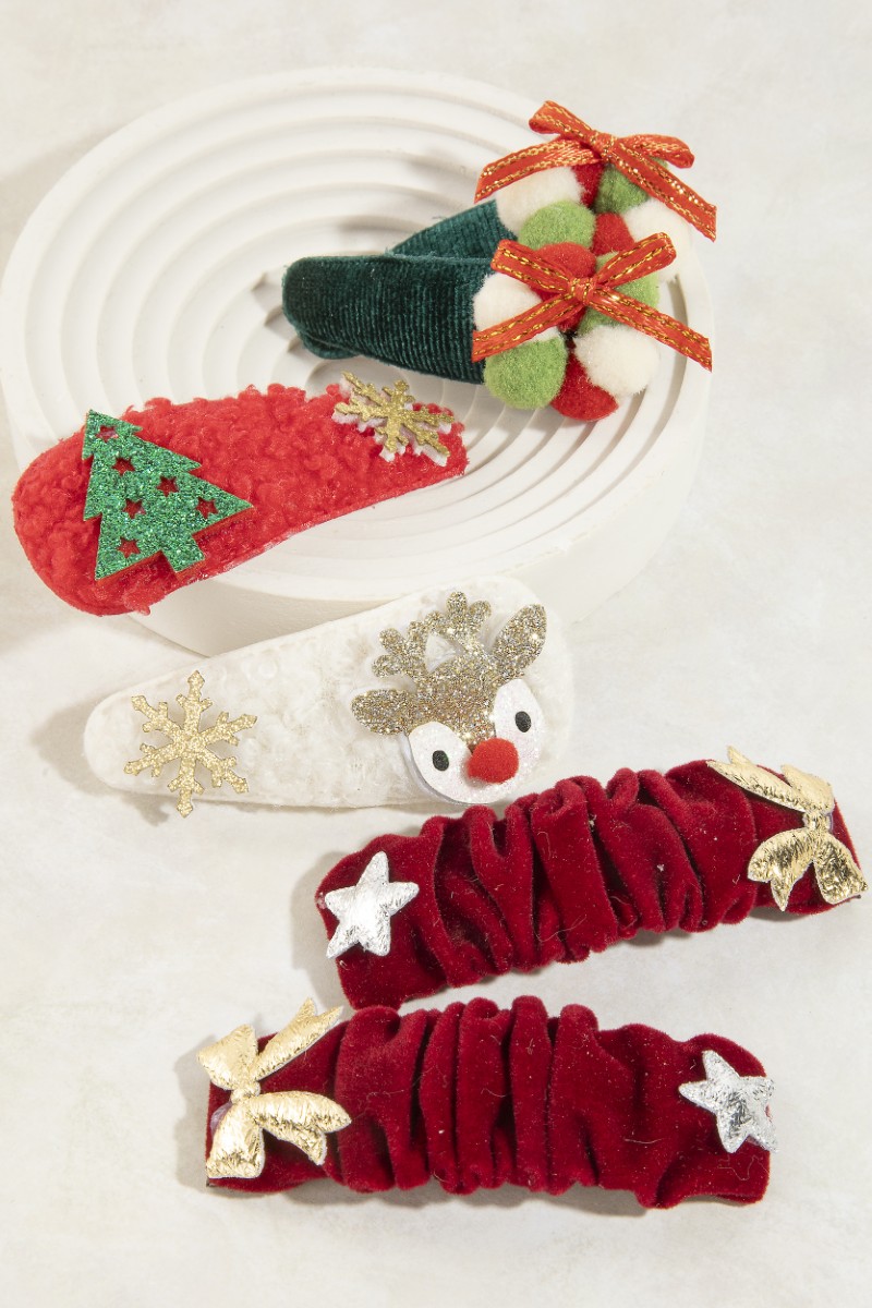 Assorted 6Pc Fabric Festive Christmas Hair Clip Set