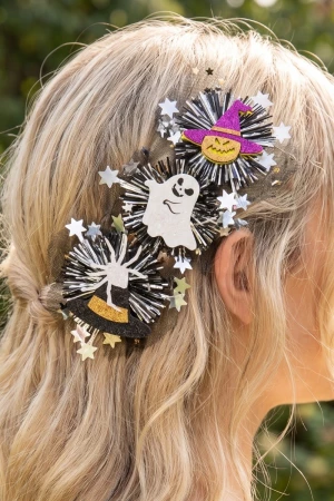 Mixed Mesh Pompom 3Pc Halloween Hair Clip Set