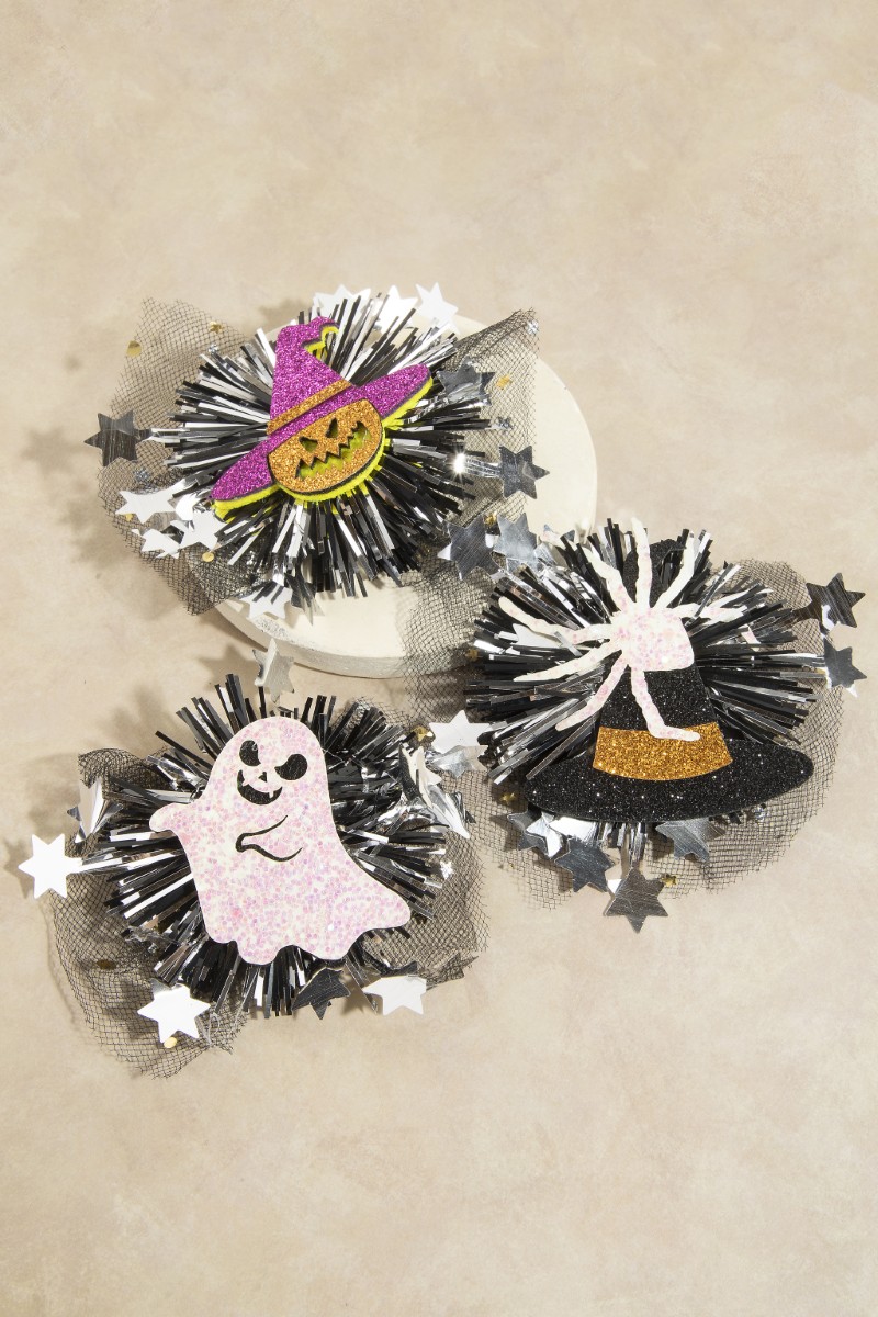 Mixed Mesh Pompom 3Pc Halloween Hair Clip Set