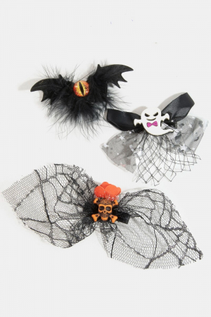3Pc Assorted Halloween Ribbon Bow Hair Clips