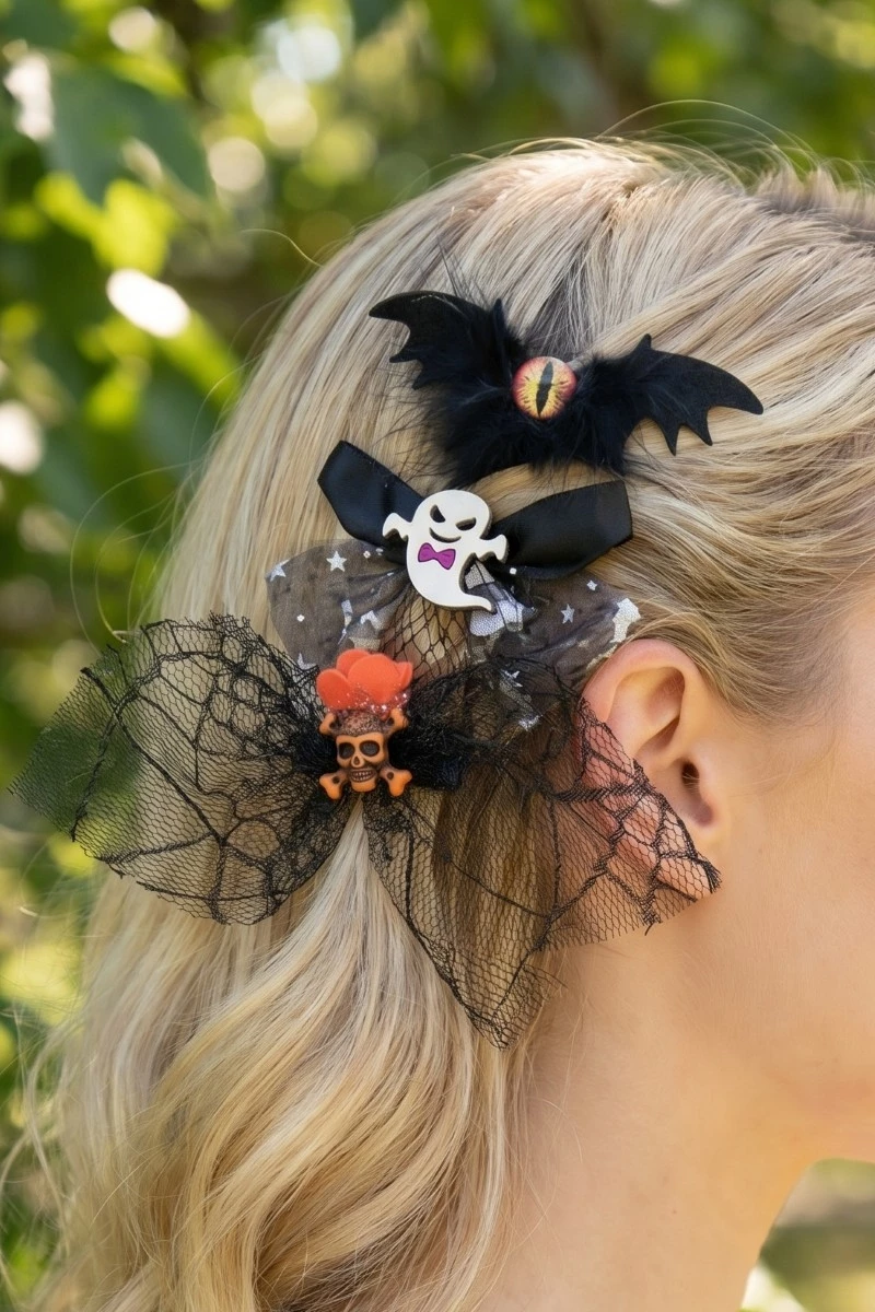 3Pc Assorted Halloween Ribbon Bow Hair Clips