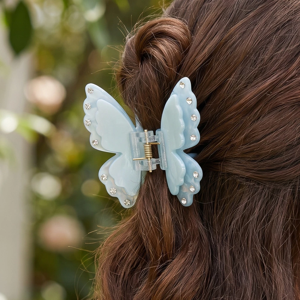 Rhinestone Trim Butterfly Claw Clip 3 Piece Set