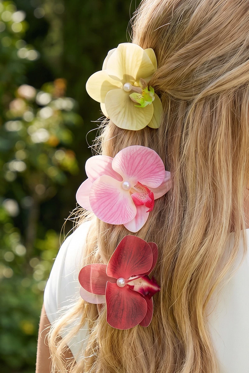 Pearl Orchid Flower Hair Clip Set
