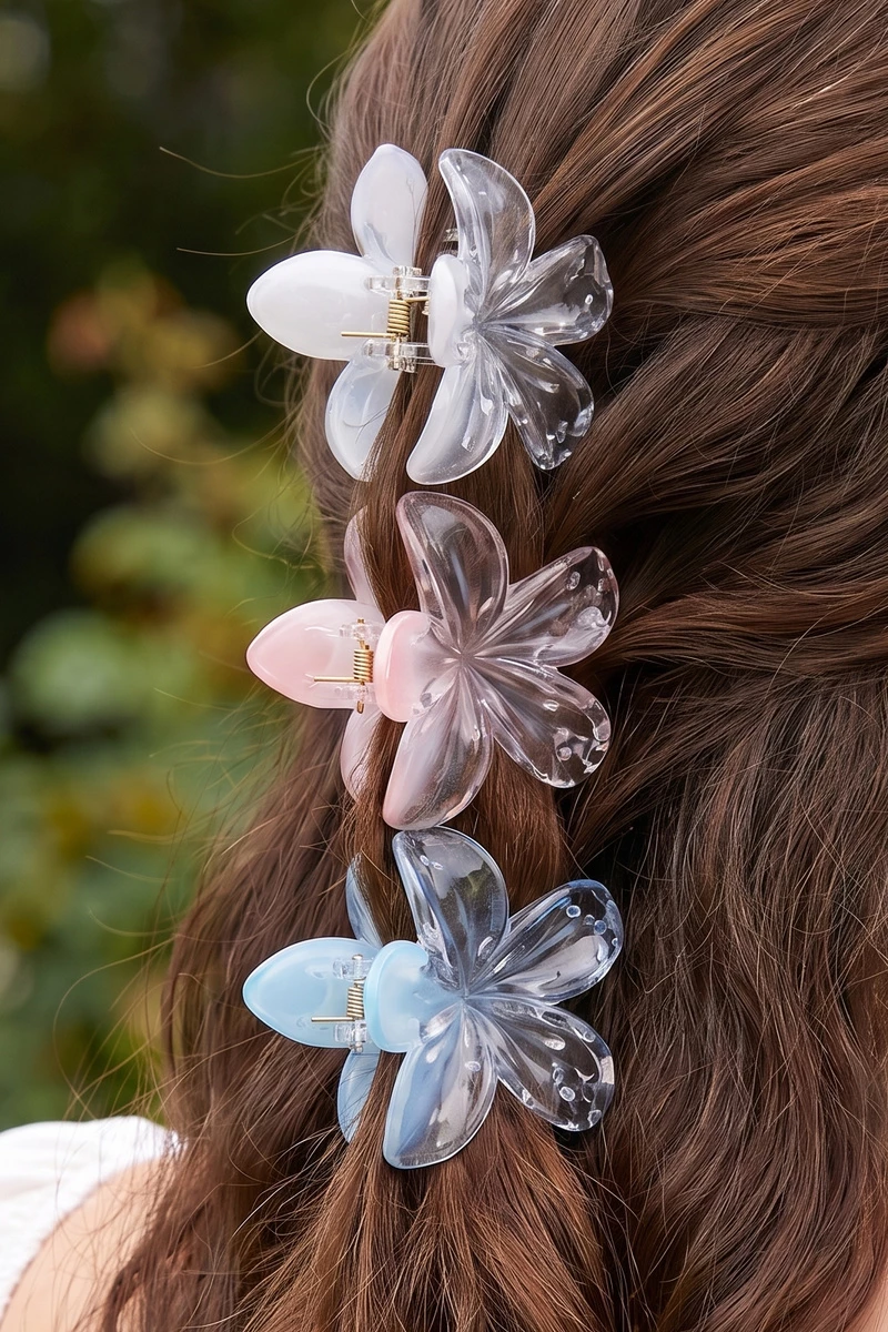 Clear Plumeria Flower Claw Clip Set