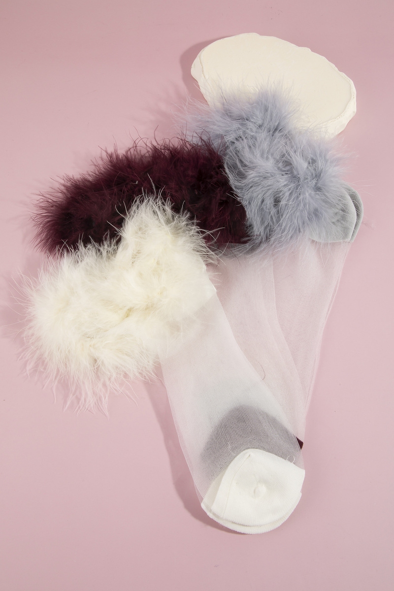Sheer Mesh Ankle Socks With Feather Cuff Trim