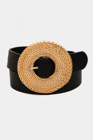 Straw Braided Round Straw Buckle Vegan Leather Belt