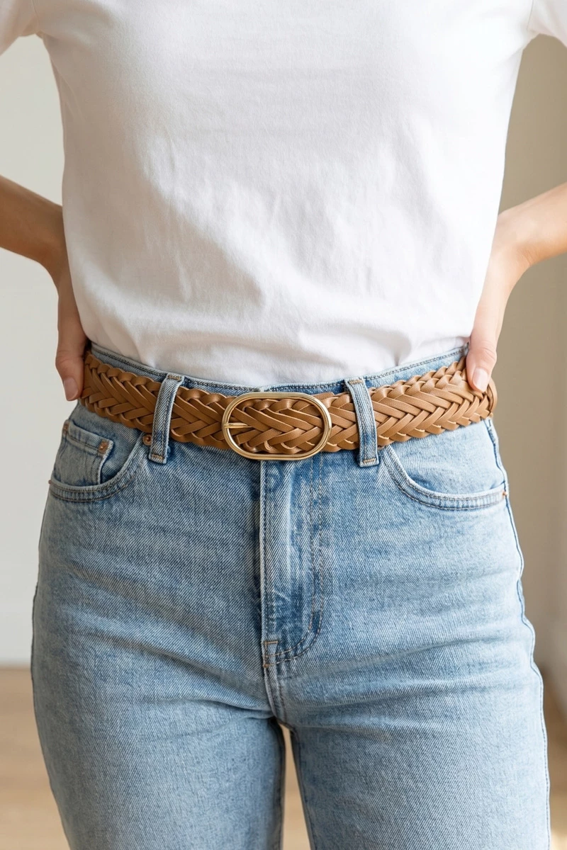 Wide Braided Vegan Leather Oval Buckle Belt