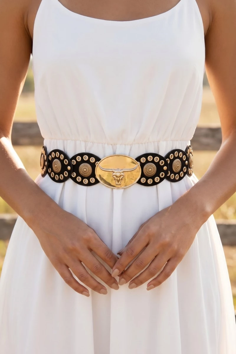 Bull Head Oval Buckle Faux Leather Disc Belt