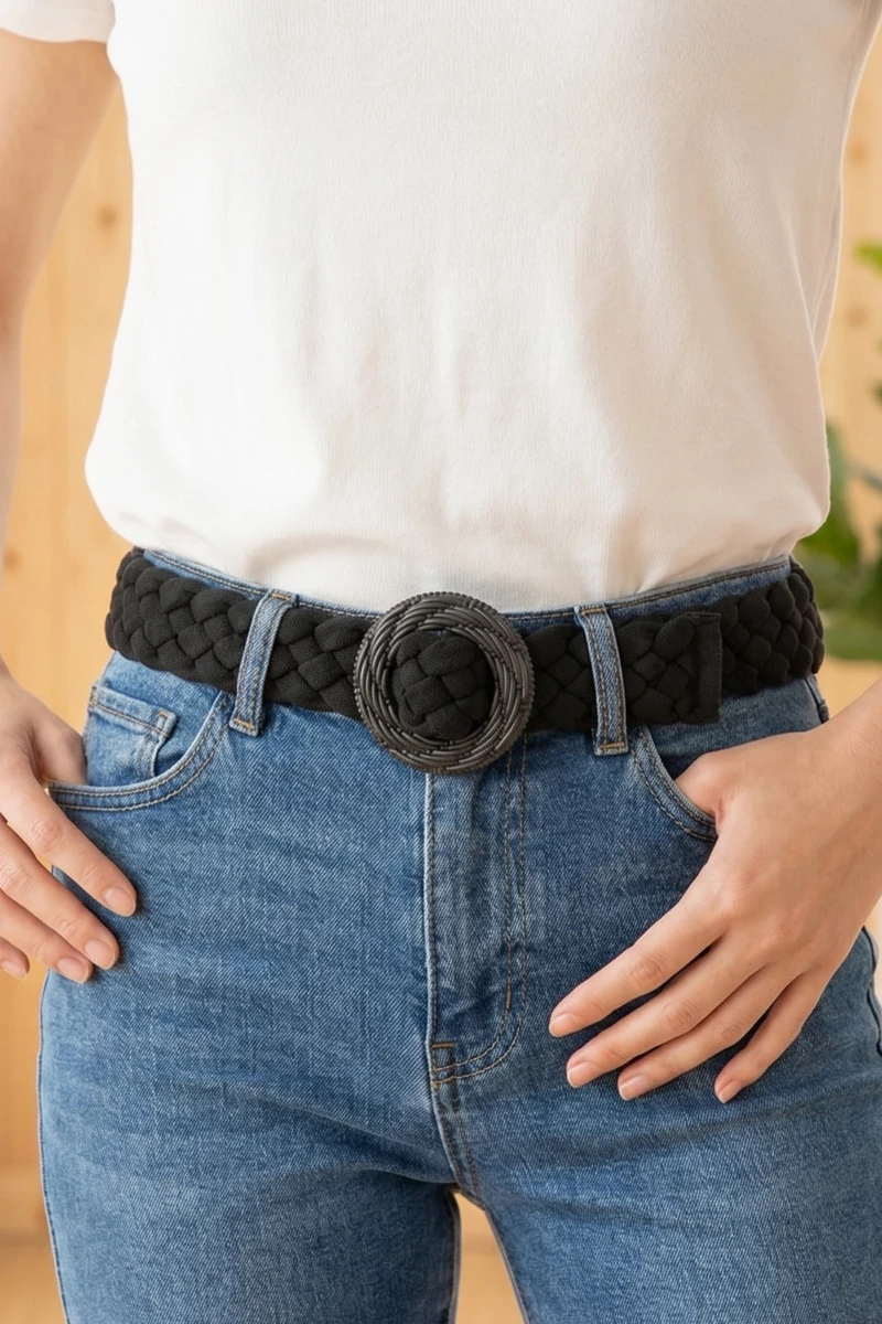 Wide Braided Elastic Round Buckle Belt