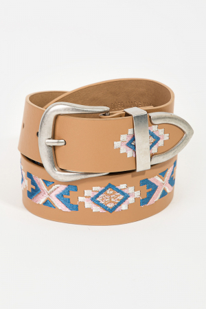 Embroidered Pattern Vegan Leather Belt