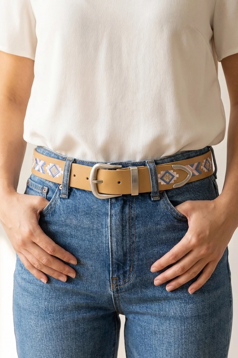 Embroidered Pattern Vegan Leather Belt