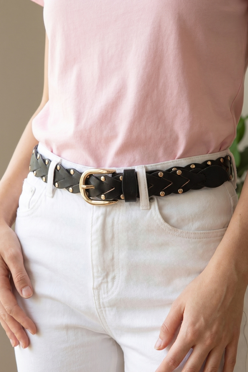 Braided Studded Vegan Leather Belt With Dome Rivets