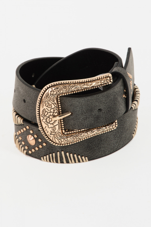 Western Floral Etched Buckle Vegan Leather Belt