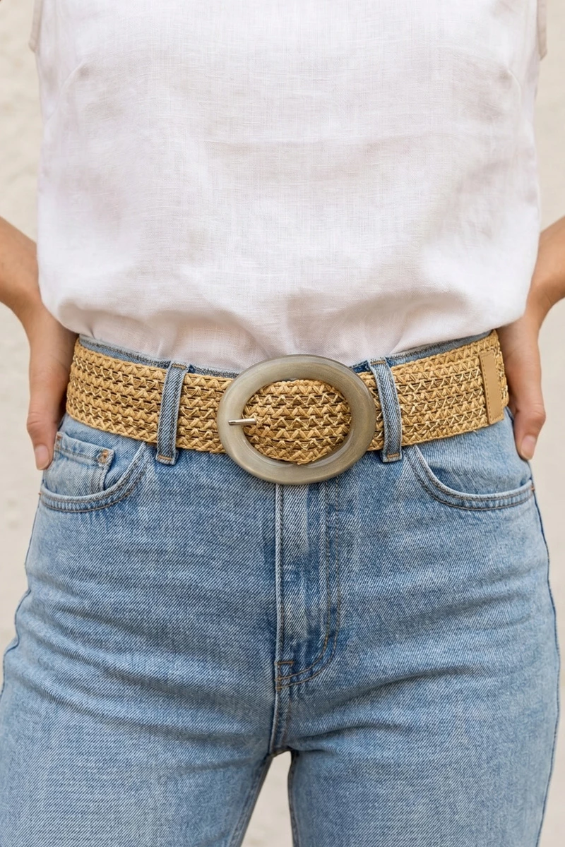 Wide Woven Straw Round Resin Buckle Belt
