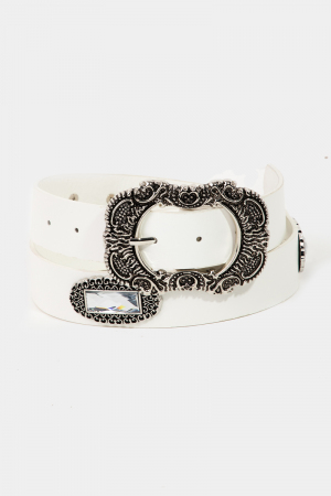 Embroidered Buckle Vegan Leather Belt
