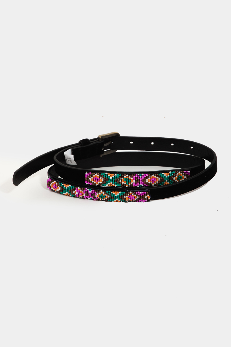 Embroidered Beaded Pattern Vegan Leather Belt