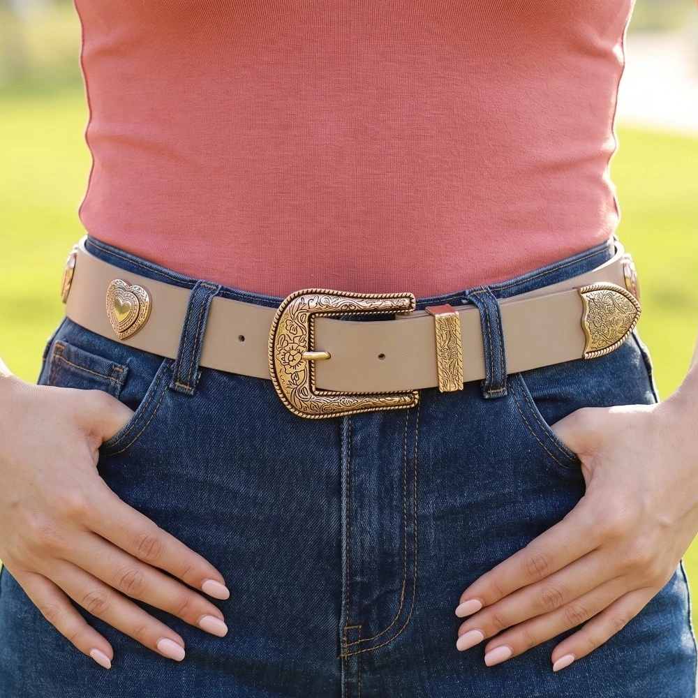 Western Etched Flower Heart Faux Leather Belt