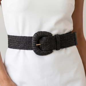 Woven Raffia Straw Stretch Belt With Wrapped Buckle