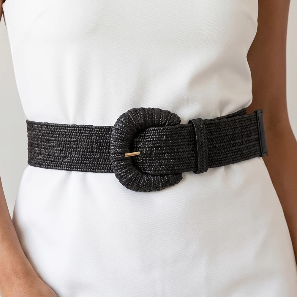 Woven Raffia Straw Stretch Belt With Wrapped Buckle