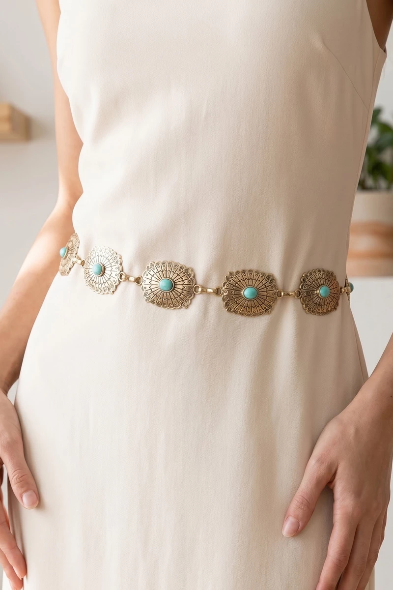 Western Concho Chain Belt With Turquoise Stone