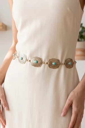 Western Concho Chain Belt With Turquoise Stone