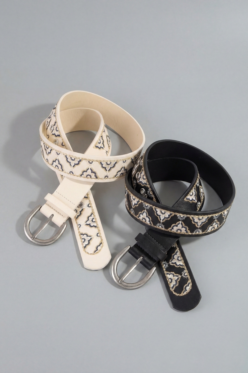 Wide Floral Embroidered Leather Belt