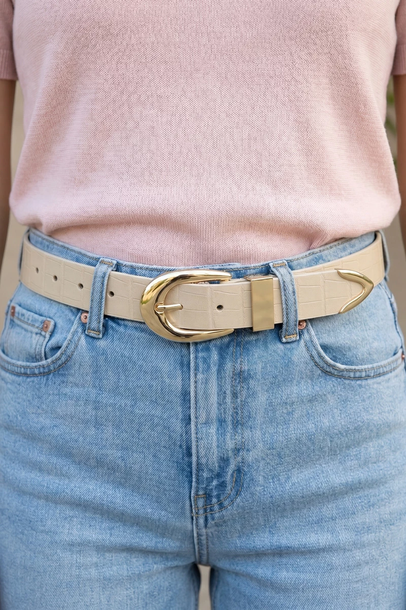 Croco Embossed Vegan Leather Belt With Gold Buckle