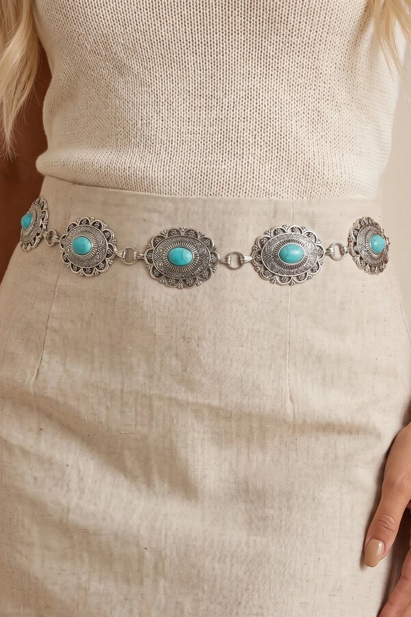 Intricate Metallic Oval Western Concho Chain Belt