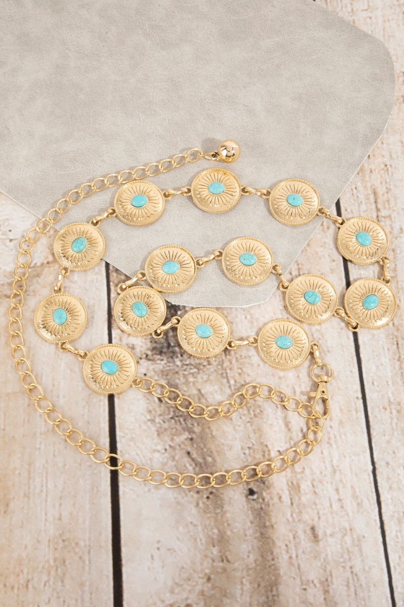 Turquoise Stud Ornate Disc Concho Chain Belt