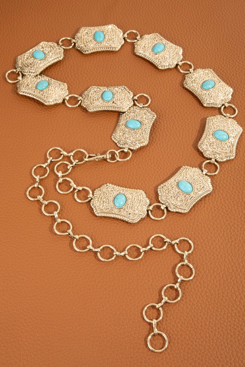 Turquoise Stud Intricate Rectangle Concho Chain Belt