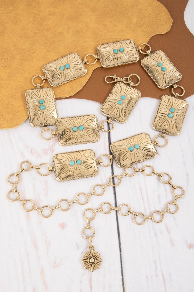 Double Turquoise Stud Concho Chain Belt