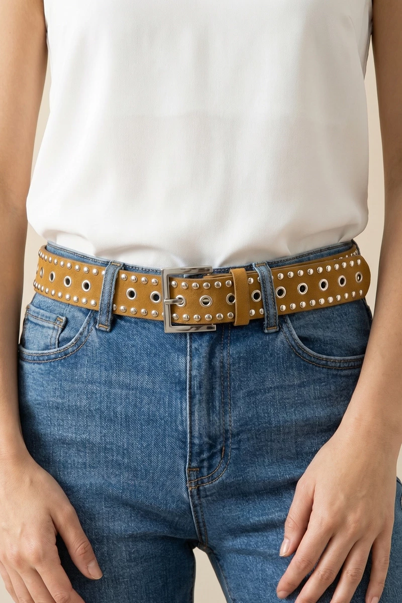 Suede Studded Grommet Square Buckle Belt