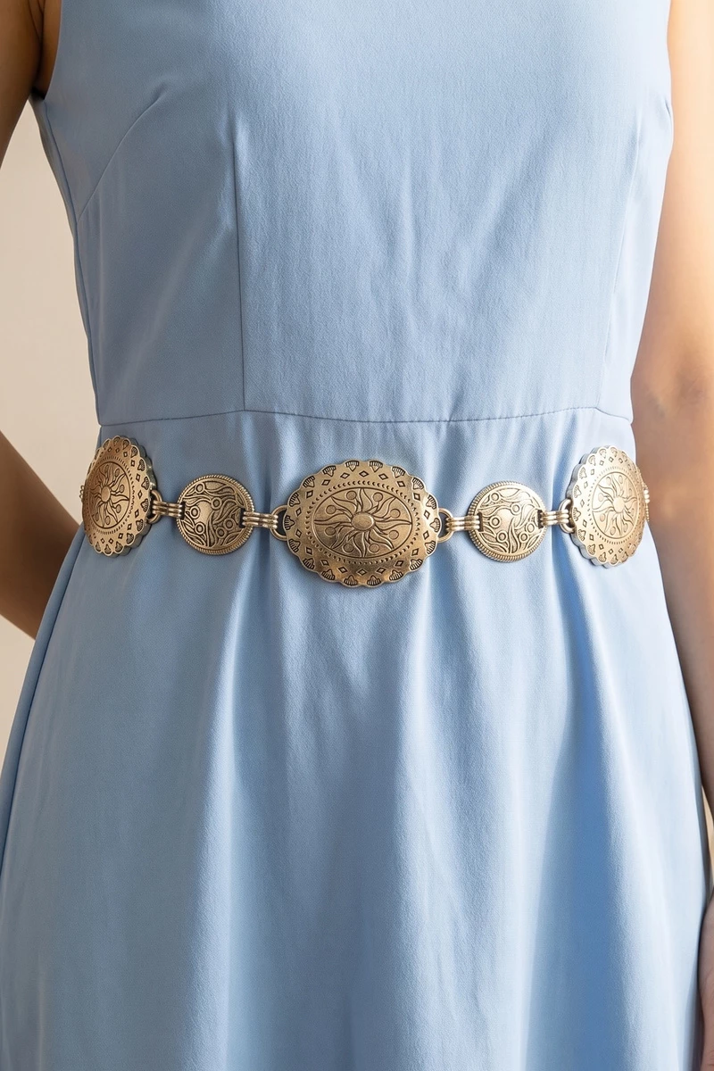 Ornate Concho Chain Belt With Etched Sun Motif