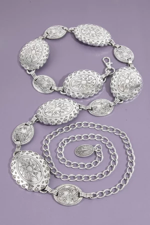 Ornate Concho Chain Belt With Etched Sun Motif