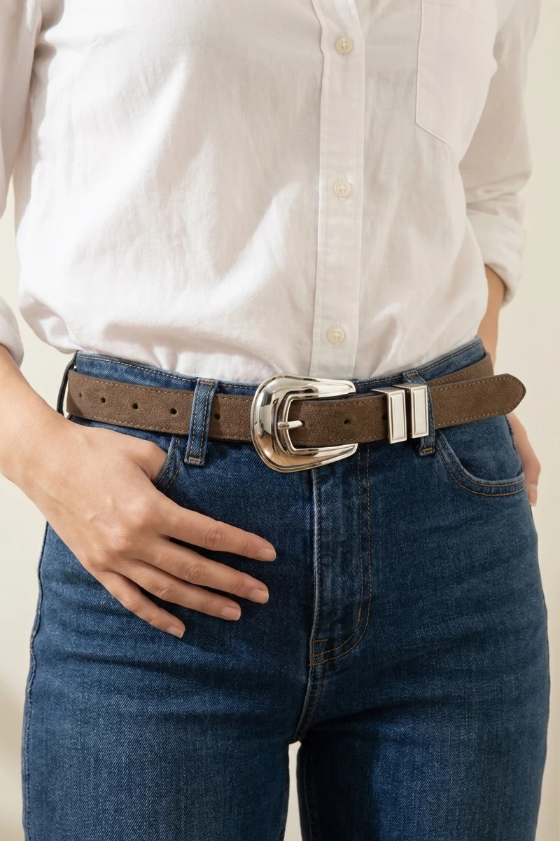 Slim Suede Wide Buckle Western Belt