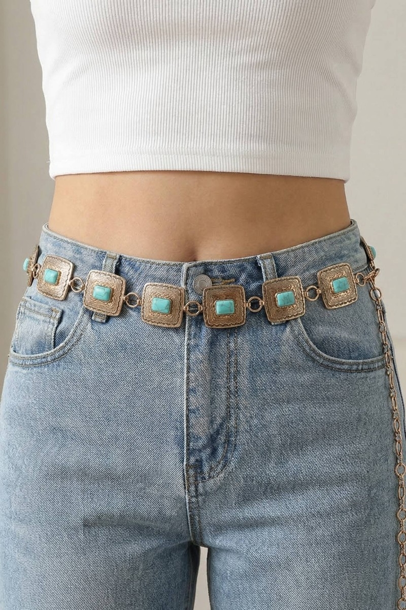 Western Concho Turquoise Square Chain Belt