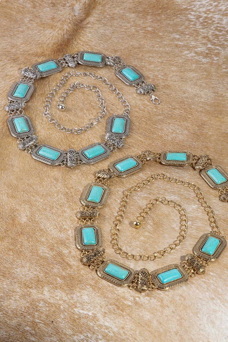 Rectangle Turquoise Stone Western Concho Chain Belt