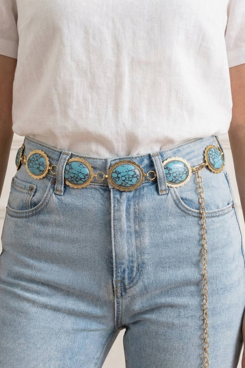 Western Turquoise Stone Oval Concho Disc Chain Belt