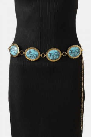 Western Turquoise Stone Oval Concho Disc Chain Belt
