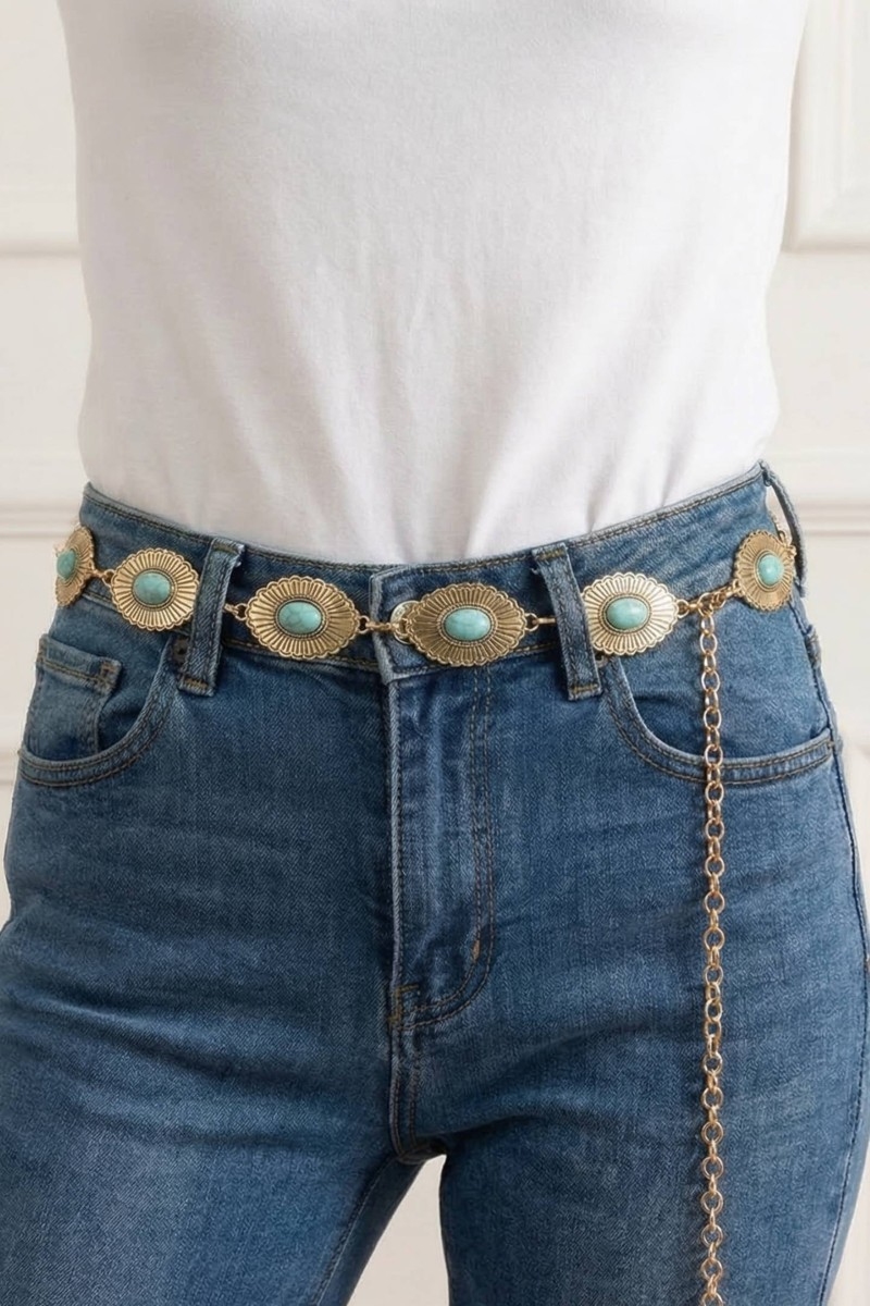 Western Floral Turquoise Concho Disc Chain Belt
