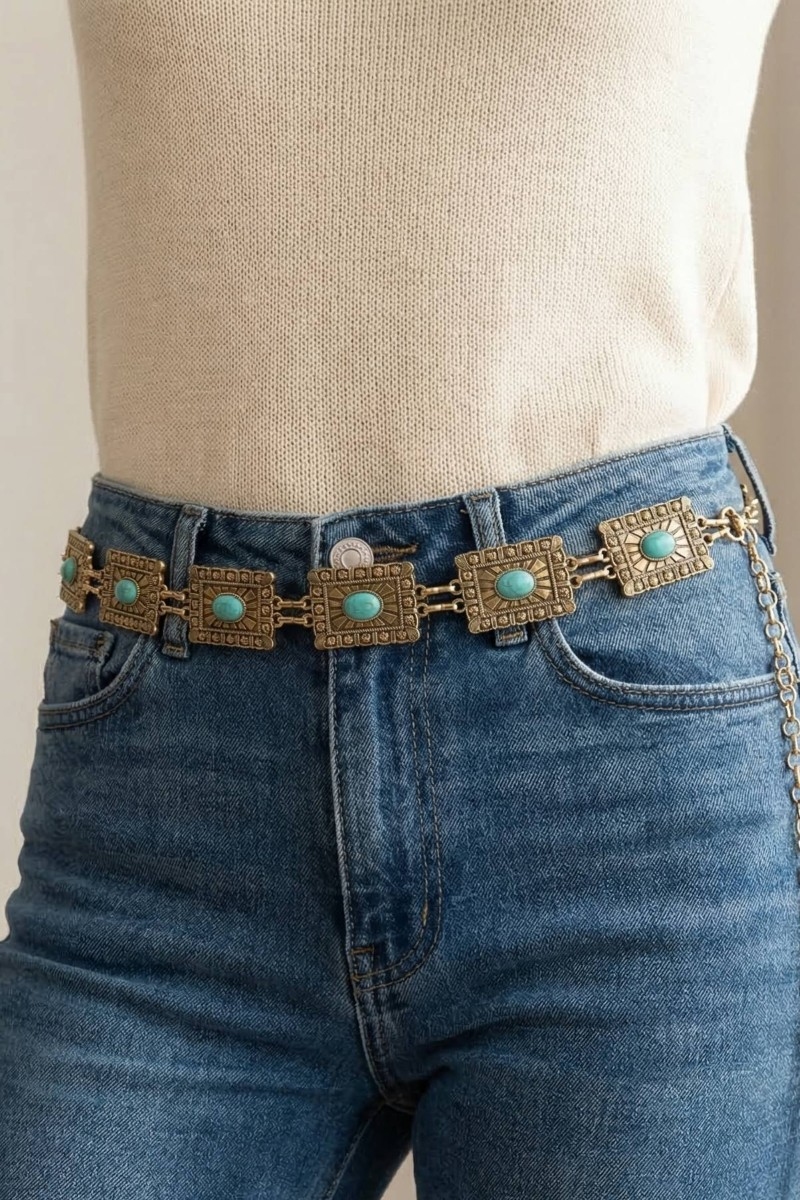 Western Style Concho Rectangle Chain Belt