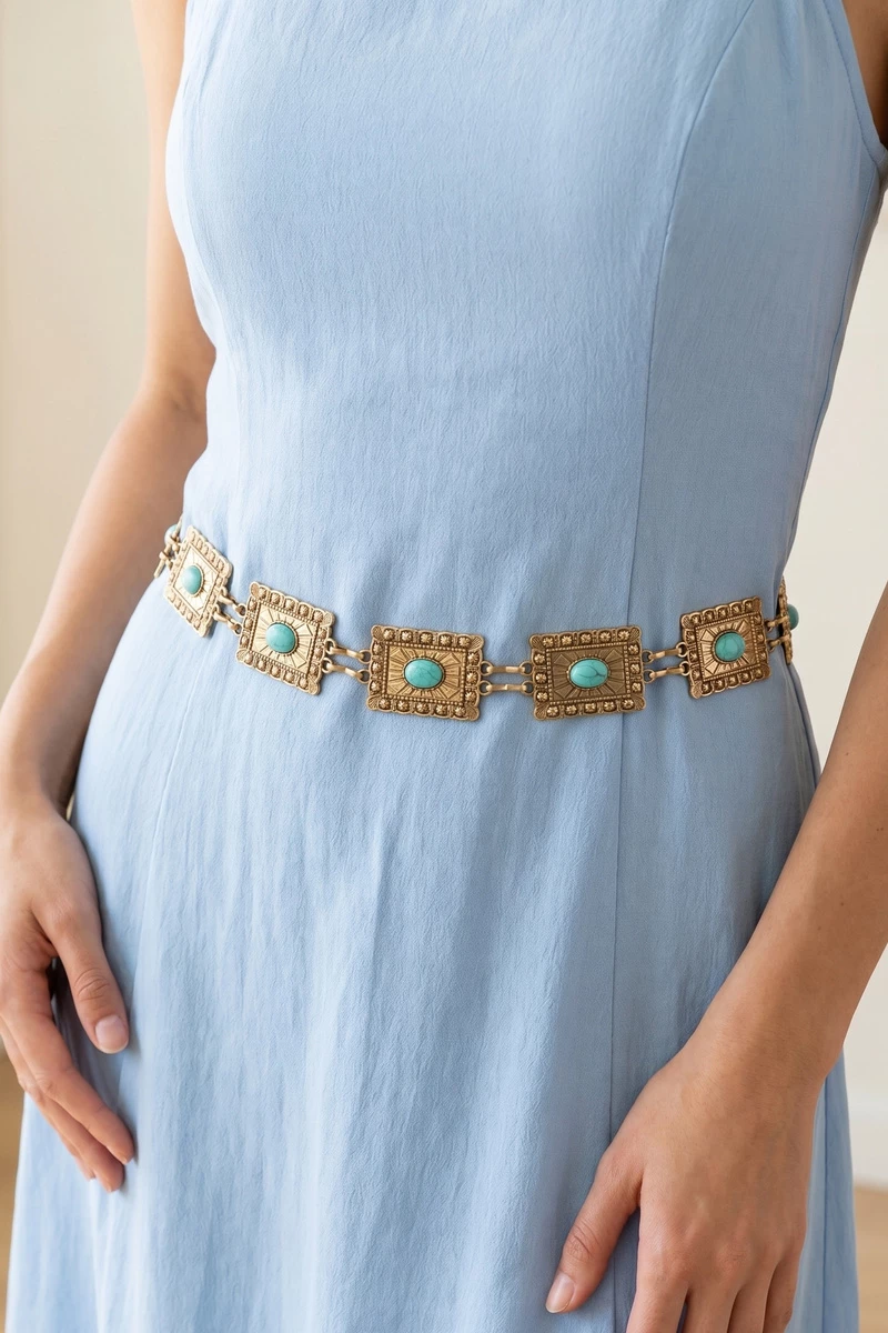 Square Turquoise Concho Chain Statement Belt