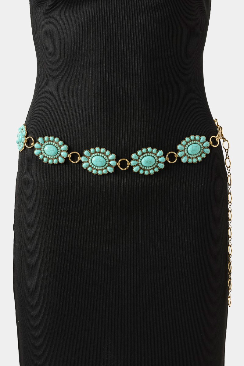 Western Turquoise Stone Bead Concho Disc Chain Belt