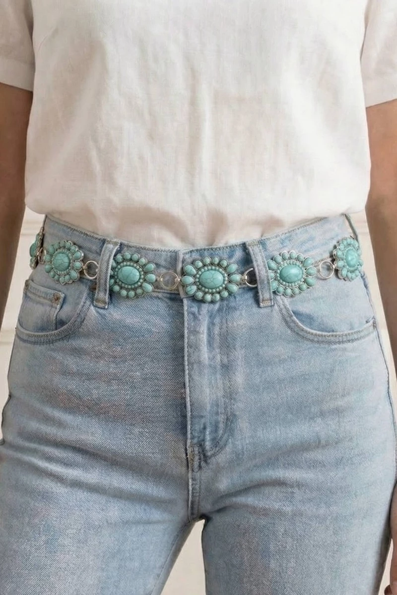 Western Turquoise Stone Bead Concho Disc Chain Belt