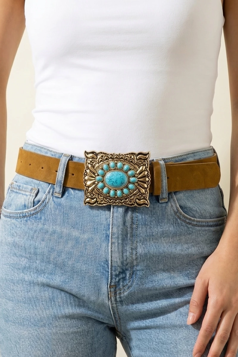 Suede Wide Turquoise Cluster Buckle Belt